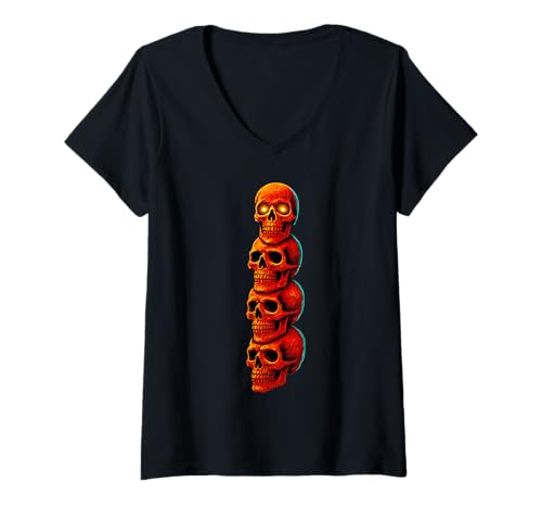 Damen Totem-Totem, vertikal gestapelt, Skelettaugen, Turm-Design T-Shirt mit V-Ausschnitt von Scary Knight Clothing