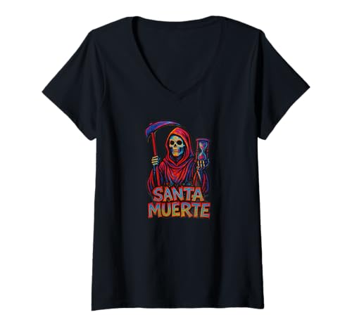 Damen Urban Street Art Santa Muerte mexikanischer Graffiti-Stil Design T-Shirt mit V-Ausschnitt von Scary Knight Clothing