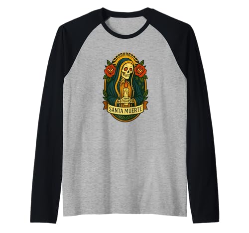 Santa Muerte Gebetskarte Kerze & Rosen Raglan von Scary Knight Clothing