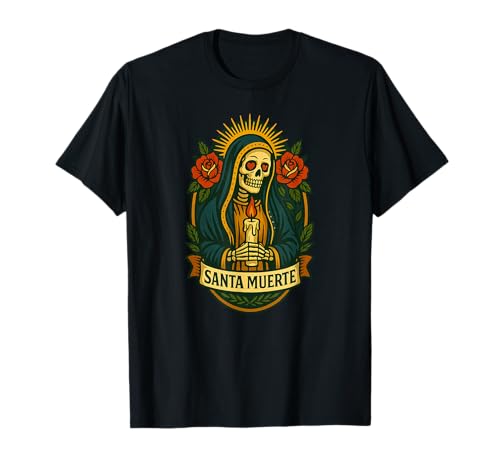 Santa Muerte Gebetskarte Kerze & Rosen T-Shirt von Scary Knight Clothing