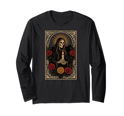 Santa Muerte Totenkopf Rosen Kerze Memento Gebetskarte Langarmshirt von Scary Knight Clothing