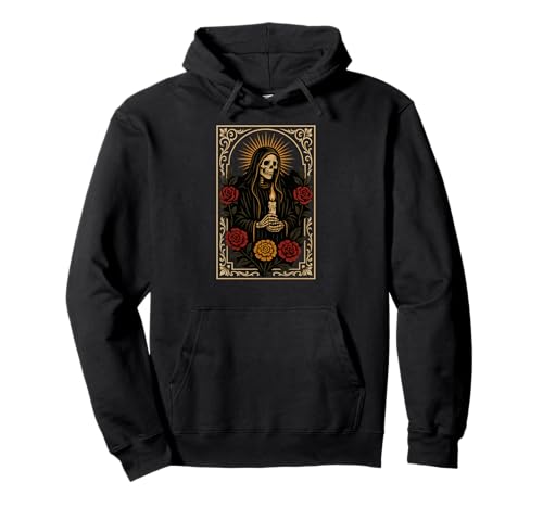 Santa Muerte Totenkopf Rosen Kerze Memento Gebetskarte Pullover Hoodie von Scary Knight Clothing
