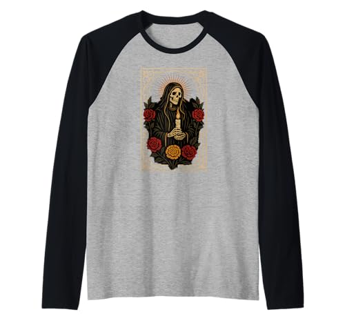 Santa Muerte Totenkopf Rosen Kerze Memento Gebetskarte Raglan von Scary Knight Clothing