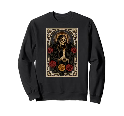 Santa Muerte Totenkopf Rosen Kerze Memento Gebetskarte Sweatshirt von Scary Knight Clothing