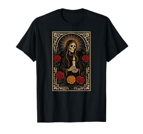 Santa Muerte Totenkopf Rosen Kerze Memento Gebetskarte T-Shirt von Scary Knight Clothing