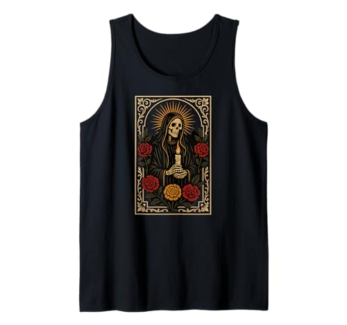 Santa Muerte Totenkopf Rosen Kerze Memento Gebetskarte Tank Top von Scary Knight Clothing