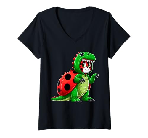 Damen Marienkäfer trägt Dinosaurier Kostüm Halloween Cosplay T-Rex T-Shirt mit V-Ausschnitt Damen Marienkäfer trägt Dinosaurier Kostüm Halloween Cosplay T-Rex T-Shirt mit V-Ausschnitt von Scary Ladybug Dinosaur Halloween Lazy Easy Outfit