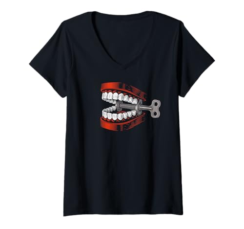Damen Chattering Teeth – Lustiges Retro-Kostüm, Chomping Gag T-Shirt mit V-Ausschnitt Damen Chattering Teeth – Lustiges Retro-Kostüm, Chomping Gag T-Shirt mit V-Ausschnitt von Scary Monster Teeth Co.