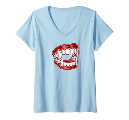 Damen Gefälschte Vampirzähne – gruselige lustige Halloween-Neuheit Zähne T-Shirt mit V-Ausschnitt von Scary Monster Teeth Co.