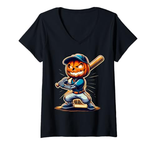 Damen Lustiges Halloween-Baseball-Skelett-Kürbis-Kostüm T-Shirt mit V-Ausschnitt Damen Lustiges Halloween-Baseball-Skelett-Kürbis-Kostüm T-Shirt mit V-Ausschnitt von Scary Pumpkin Baseball Skeleton Halloween Player