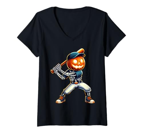 Damen Lustiges Halloween-Baseball-Skelett-Kürbis-Kostüm T-Shirt mit V-Ausschnitt von Scary Pumpkin Baseball Skeleton Halloween Player