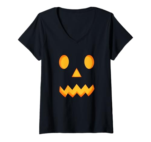 Damen Jack O Lantern Gruseliger Kürbis Schnitzen Gesicht Halloween Kostüm T-Shirt mit V-Ausschnitt Damen Jack O Lantern Gruseliger Kürbis Schnitzen Gesicht Halloween Kostüm T-Shirt mit V-Ausschnitt von Scary Pumpkin Face Halloween