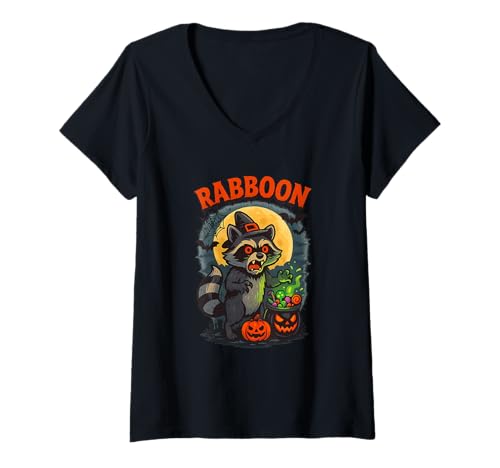 Damen Rabboon Waschbär Halloween Shirt Lustiges Gruseliges Motiv T-Shirt mit V-Ausschnitt von Scary Rabboon Funny Halloween Raccoon Gift Idea