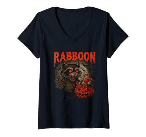 Damen Rabboon Waschbär Halloween Shirt Lustiges Gruseliges Motiv T-Shirt mit V-Ausschnitt von Scary Rabboon Funny Halloween Raccoon Gift Idea
