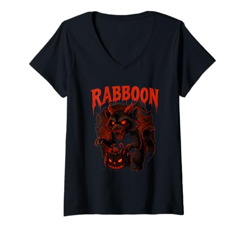 Damen Rabboon Waschbär Halloween Shirt Lustiges Gruseliges Motiv T-Shirt mit V-Ausschnitt von Scary Rabboon Funny Halloween Raccoon Gift Idea