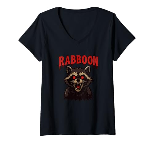 Damen Rabboon Waschbär Halloween Shirt Lustiges Gruseliges Motiv T-Shirt mit V-Ausschnitt von Scary Rabboon Funny Halloween Raccoon Gift Idea