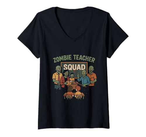 Damen Zombie Teacher Squad Halloween Kostüm für lustige Mitarbeiter T-Shirt mit V-Ausschnitt Damen Zombie Teacher Squad Halloween Kostüm für lustige Mitarbeiter T-Shirt mit V-Ausschnitt von Scary School Faculty Group Undead Classroom Humor
