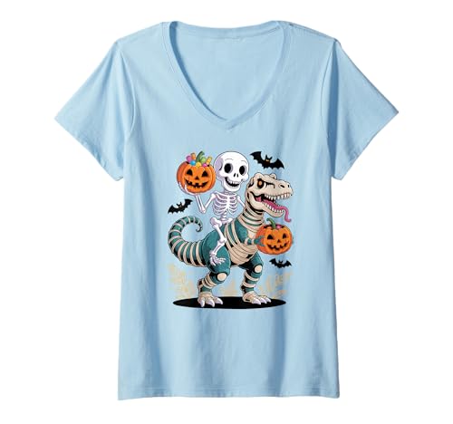 Damen Halloween Skelett Dinosaurier Halloween T-Shirt mit V-Ausschnitt von Scary Skeleton Dinosaurs Design Pumpkin