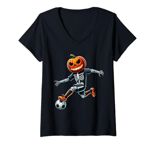 Damen Kürbis Fußball Skelett Lustig Halloween Fußball T-Shirt mit V-Ausschnitt Damen Kürbis Fußball Skelett Lustig Halloween Fußball T-Shirt mit V-Ausschnitt von Scary Skeleton Pumpkin Soccer Halloween Sport