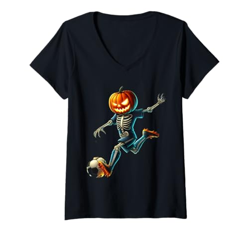 Damen Kürbis Fußball Skelett Lustig Halloween Fußball T-Shirt mit V-Ausschnitt Damen Kürbis Fußball Skelett Lustig Halloween Fußball T-Shirt mit V-Ausschnitt von Scary Skeleton Pumpkin Soccer Halloween Sport