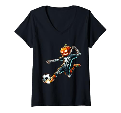 Damen Kürbis Fußball Skelett Lustig Halloween Fußball T-Shirt mit V-Ausschnitt Damen Kürbis Fußball Skelett Lustig Halloween Fußball T-Shirt mit V-Ausschnitt von Scary Skeleton Pumpkin Soccer Halloween Sport