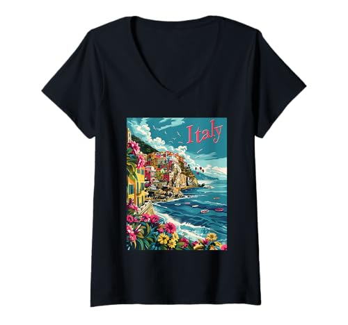 Damen Italienische Küstenstadt, lebendige Farben T-Shirt mit V-Ausschnitt Damen Italienische Küstenstadt, lebendige Farben T-Shirt mit V-Ausschnitt von Scenic Coastal Italian Landscapes