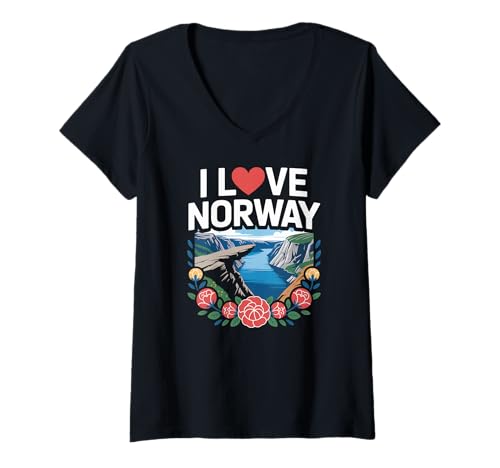 Damen I Love Norway Scenic Fjord Landschaftskunst T-Shirt mit V-Ausschnitt Damen I Love Norway Scenic Fjord Landschaftskunst T-Shirt mit V-Ausschnitt von Scenic Norway Fjords Adventure Tribute