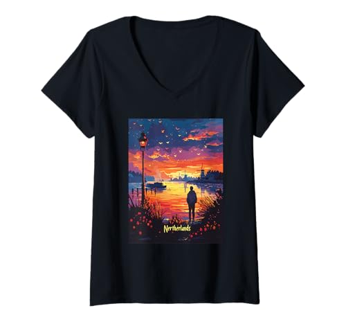 Damen Niederlande Scenic Sunset Serene T-Shirt mit V-Ausschnitt Damen Niederlande Scenic Sunset Serene T-Shirt mit V-Ausschnitt von Scenic Sunset Lamplight Windmill