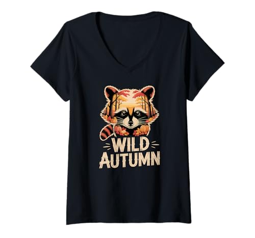 Damen Wilder Herbst Waschbär Wald Szene Fall T-Shirt mit V-Ausschnitt von Scenic Wildlife Fall Apparel Gifts by Anastasia