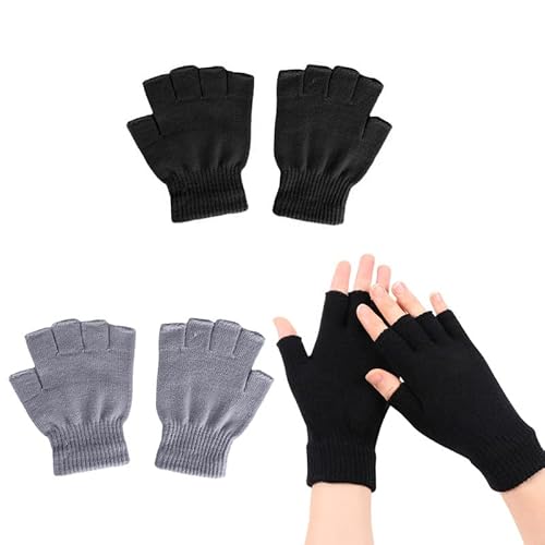 Scettar 2 Paar fingerlose Handschuhe, gestrickte warme Winterhandschuhe, Halbfingerhandschuhe für Kinder und Erwachsene (Schwarz und Grau) von Scettar