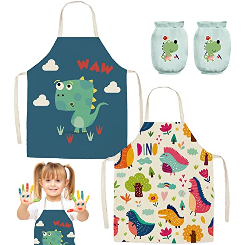 Scettar 2 Stück kinderschürze plus 1 Kinderärmel，kochschürze kinder mit Tasche，Cartoon kinderschürze jungen mädchen，für malschürze Kochen backen mit kindern(2-10Jahre) von Scettar