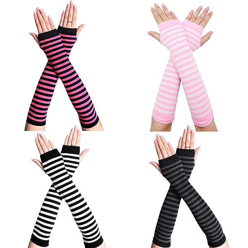 Scettar 4 Paare Damen Lange Fingerlose Handschuhe ，Gestreift Stricken Armwärmer für Frauen, Y2k Streifen Fingerlose Armstulpen Handschuhe für Herbst Winter von Scettar