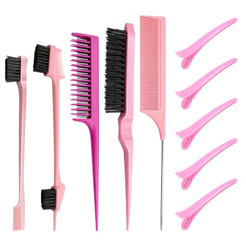 Scettar 5 Stück sleek bürste with 5 Clips,Sleek Bun Bürste Für Sleek Zopf, Styling Kamm HaarbüRste Set und Rattenschwanz Kamm, toupierbürste Set Sleek Zopf Bürste für Friseurin Frauen Kinder (Rosa) von Scettar