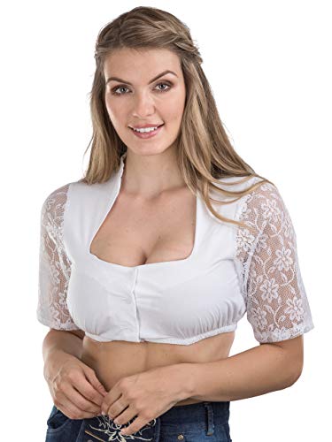 Schöneberger Trachten Couture Elegante Dirndlbluse Wiesnklee Oktoberfest Damen Dirndl Bluse mit edler Knopfleiste und Stehkragen - Ärmel aus Spitze und transparent Wiesnklee (46, Weiss) von Schöneberger Trachten Couture