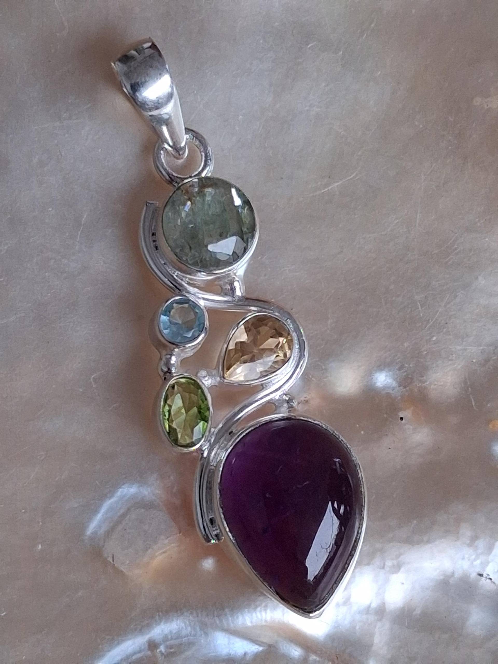 Anhänger 925 Er Sterling Silber Multicolor Steinen, Amethyst, Citrin, Peridot, Aquamarine, Prasiolith von Schabanag