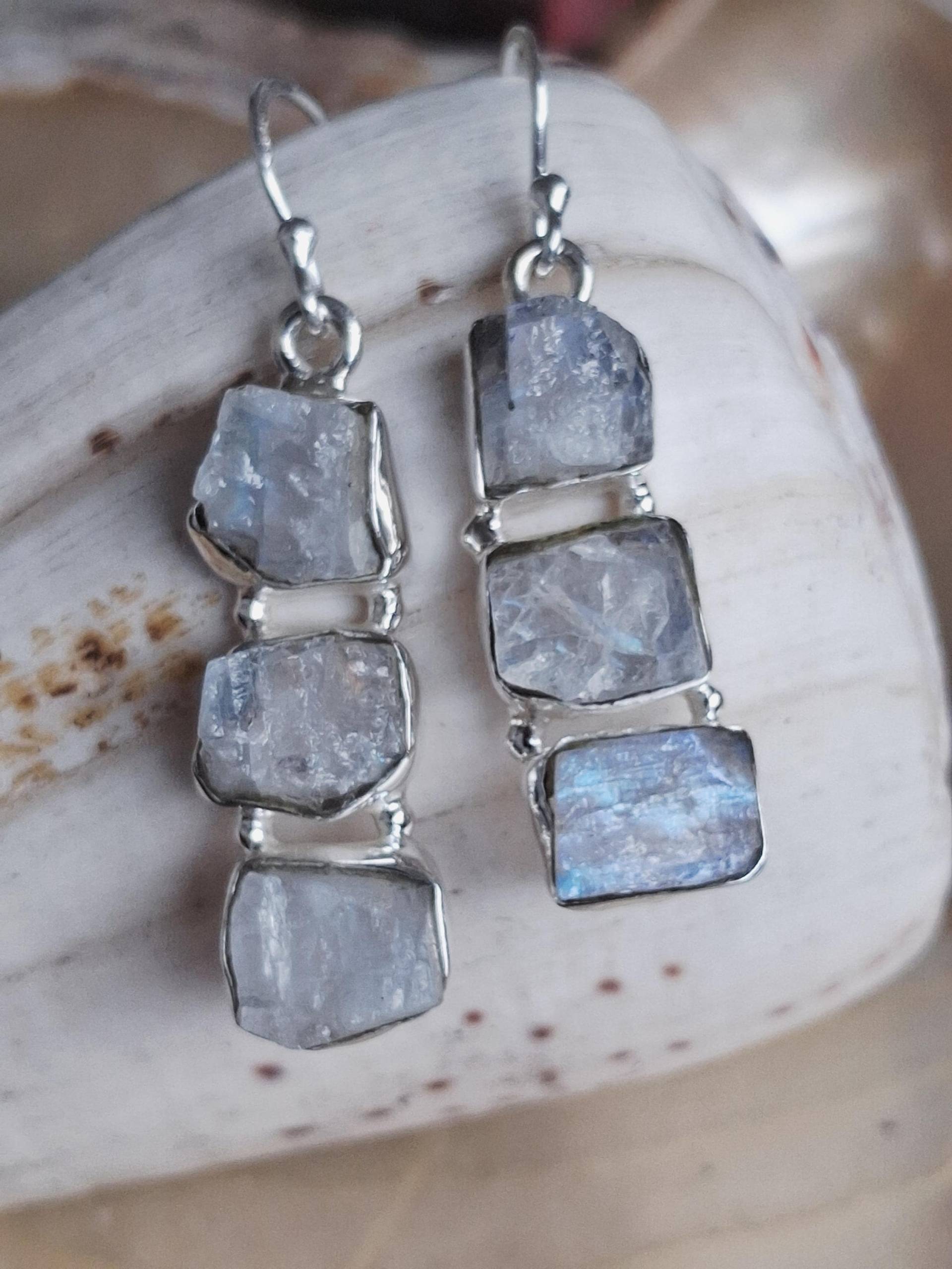 Ohrringe Ohrhänger Mondstein Rohstein in 925 Er Sterling Silber von Schabanag