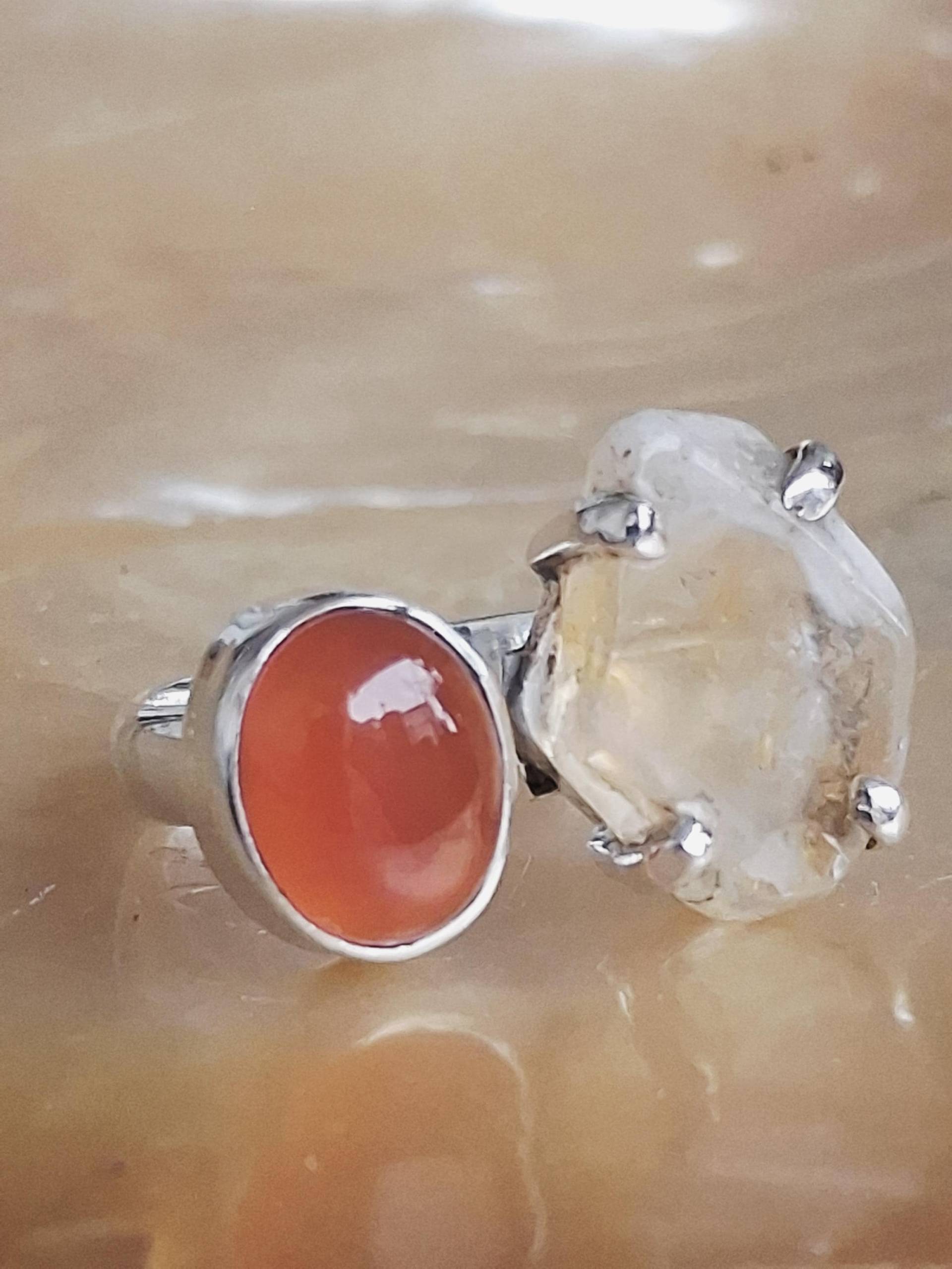 Ring 925 Er Sterling Silber Karneol Geschliffen Bergkristall Rohstein Größe 52 Offen von Schabanag