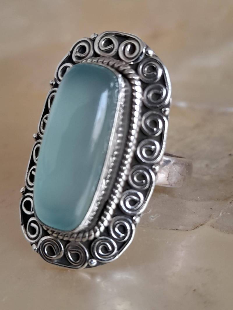 Ring 925 Er Sterling Silber Mit Einem Hellgrünen Achat in Der Größe 57 von Schabanag