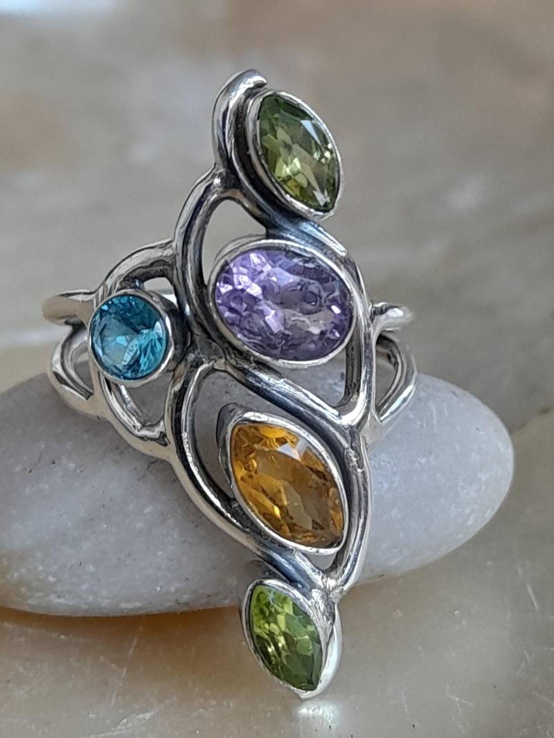 Ring 925 Er Sterling Silber Mit Peridot, Citrin, Amethyst Und Topas Größe 54 von Schabanag