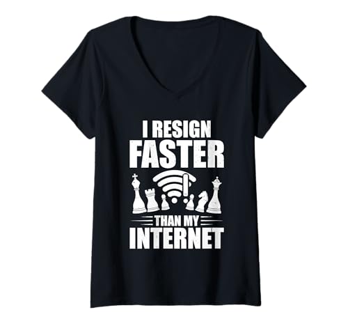 Damen Lustiger Schach WiFi Spruch I Resign Faster Than My Internet T-Shirt mit V-Ausschnitt von Schach Apparels Männer Frauen Jungen Mädchen