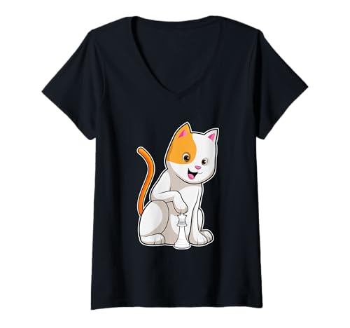Damen Katze Schachfigur Schach Brettspiel T-Shirt mit V-Ausschnitt von Schach Brettspiel