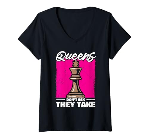Damen Lustiges Schachspiel Schach Design Schachfiguren Dame T-Shirt mit V-Ausschnitt Damen Lustiges Schachspiel Schach Design Schachfiguren Dame T-Shirt mit V-Ausschnitt von Schachspiel Spruch Queens Don't Ask They Take