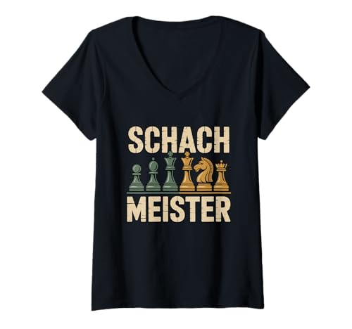 Damen Retro Schach Meister Design Schachspieler Schachfiguren T-Shirt mit V-Ausschnitt von Schachspielen Überraschung Schachclub
