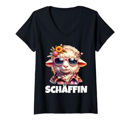 Damen Schäffin Chefin Schaff Mit Sonnenbrille Cooles Schaff T-Shirt mit V-Ausschnitt von Schaf & Vorgesetzte Frauen Damen Geschenk
