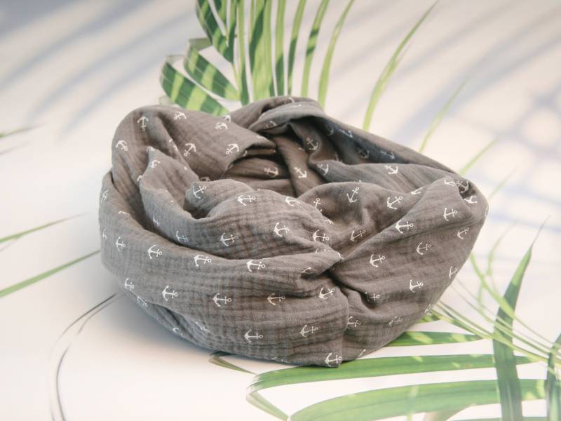 Schöne Anker Schal Musselin Baumwolle Loop Sommergefühle Halstuch 160 cm Sommer Muttertag Maritim Grau Schlamm Weiß von Schalwelt
