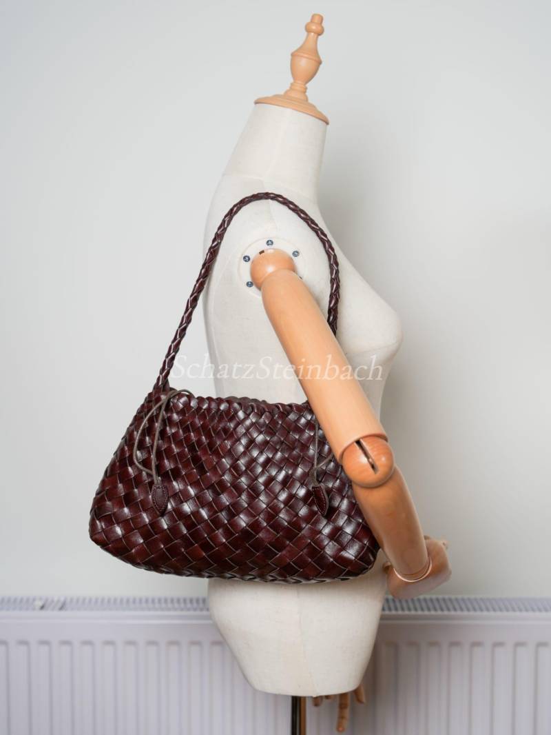 Handgewebte Dunkelbraune Echtleder Umhängetasche - Geflochtene Hobo Tote Clutch + Beuteltasche Aus Baumwolle von SchatzSteinbach