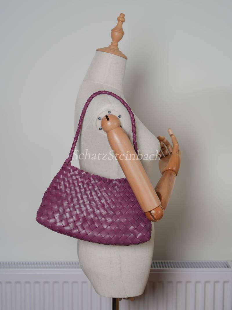 Handgewebte Fliederfarbene Echtleder Umhängetasche - Geflochtene Hobo Tote Clutch + Beuteltasche Aus Baumwolle von SchatzSteinbach