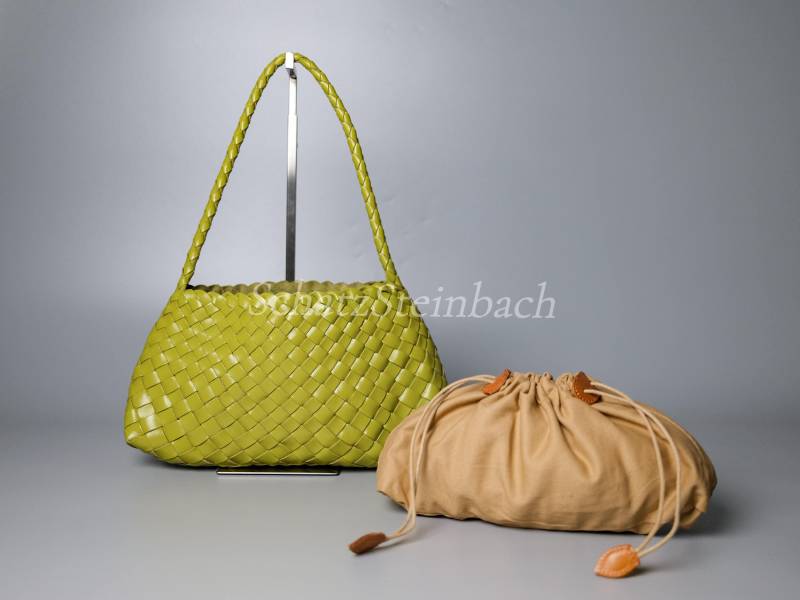 Handgewebte Lime Grün Echtleder Umhängetasche - Geflochtene Hobo Tote Handtasche + Beuteltasche Aus Baumwolle von SchatzSteinbach