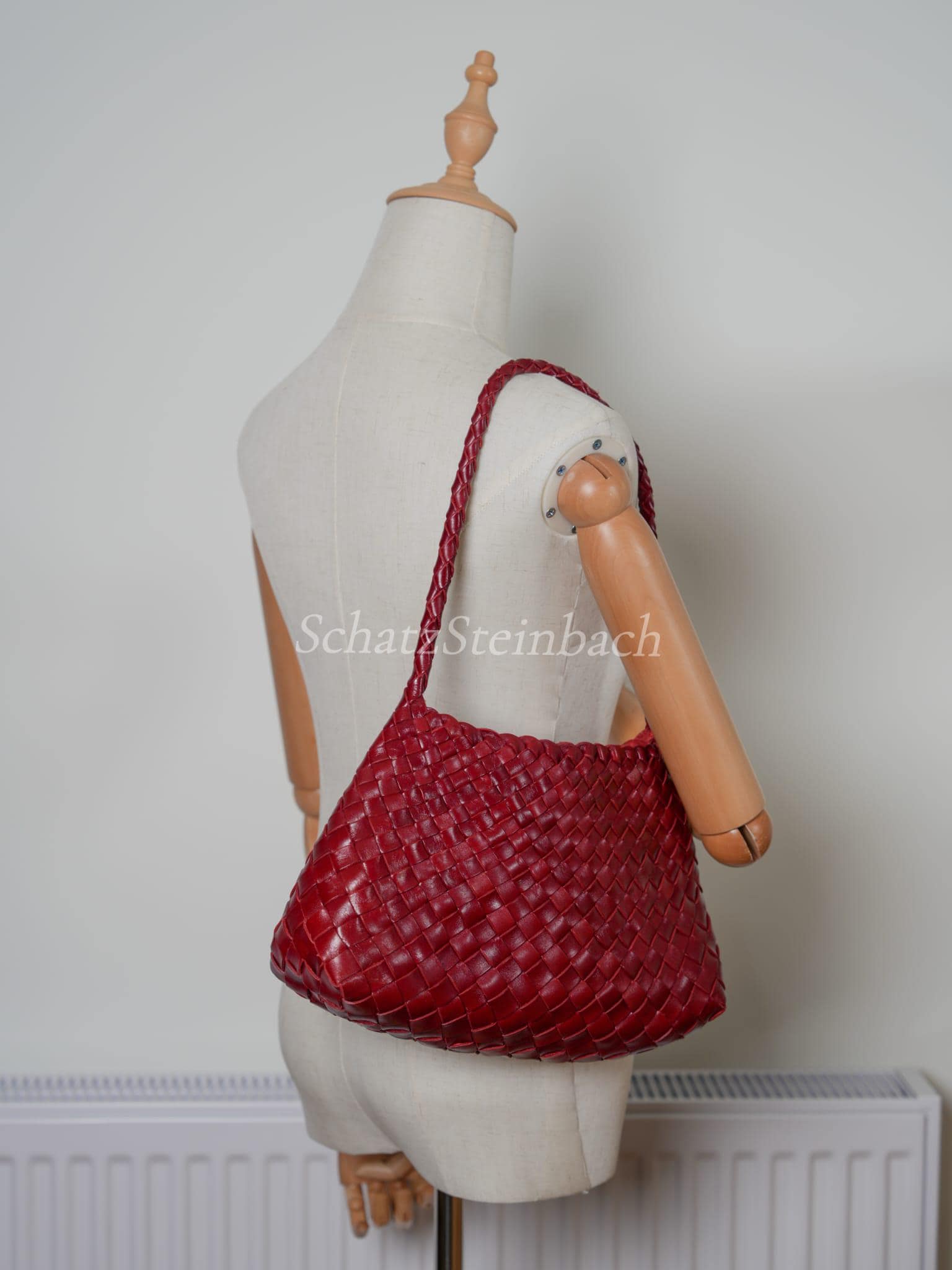 Handgewebte Rote Echtleder Umhängetasche - Geflochtene Hobo Tote Handtasche + Beuteltasche Aus Baumwolle von SchatzSteinbach