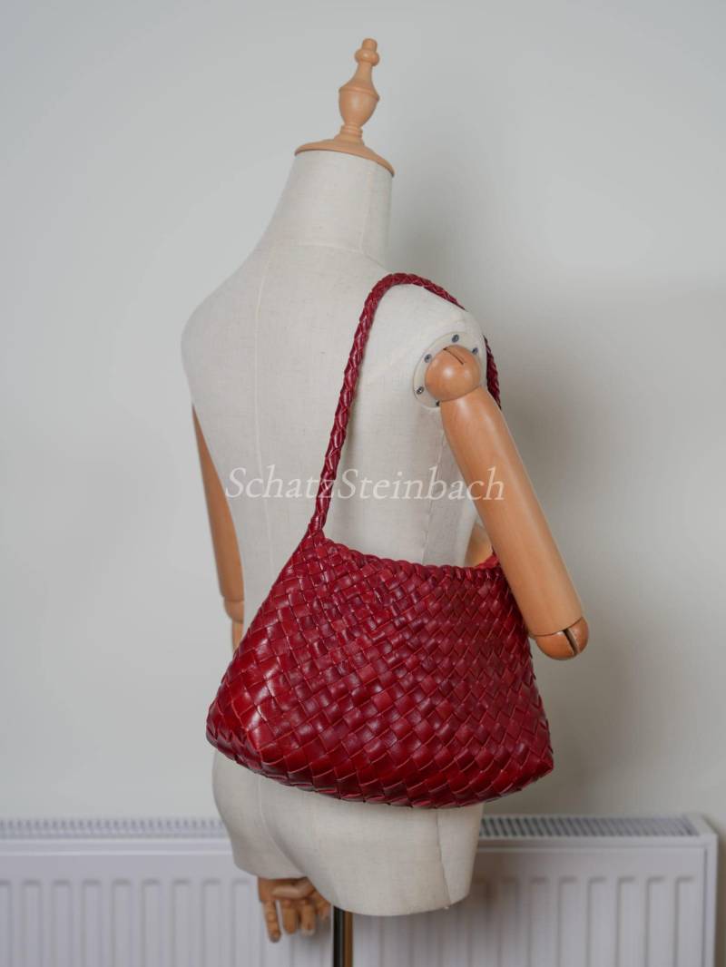 Handgewebte Rote Echtleder Umhängetasche - Geflochtene Hobo Tote Handtasche + Beuteltasche Aus Baumwolle von SchatzSteinbach